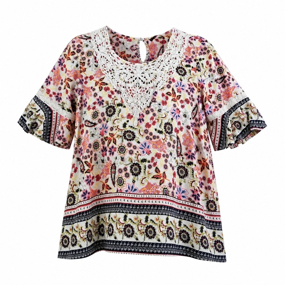Suzanne Betro Floral Paisley Crochet Lace Bib Ruffle Sleeve Top Pink Multi. XL